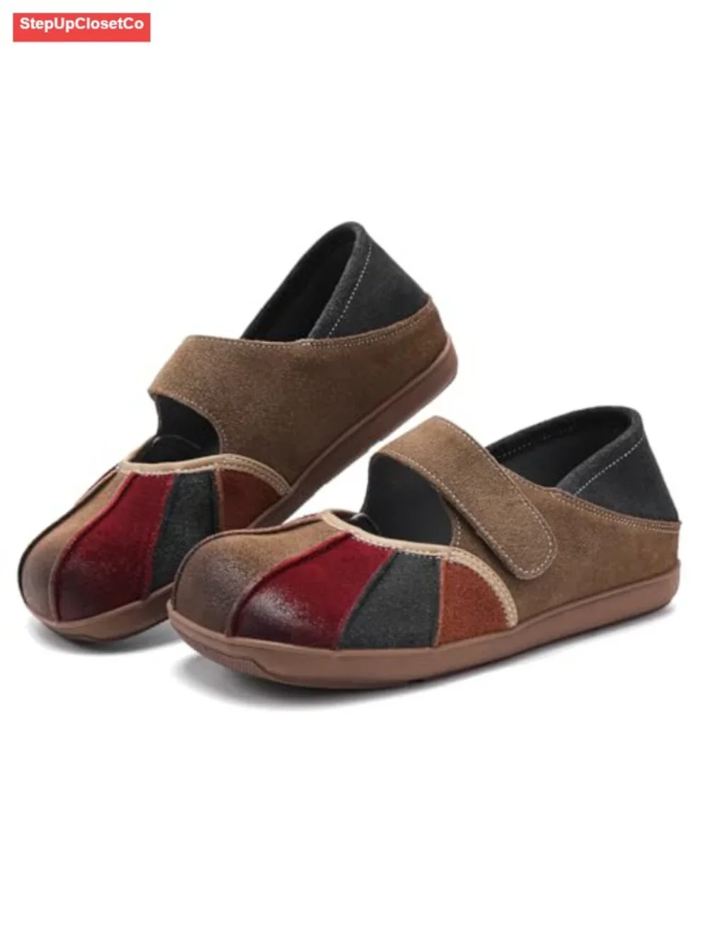 Suede Loafers Slip On Multi Color Stitching Leather Shoes Walking Flats